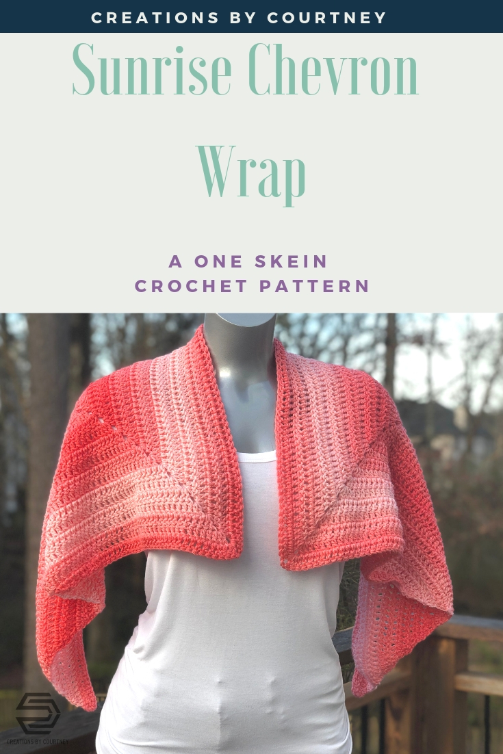The Sunrise Chevron Wrap crochet pattern uses only one skein of Red Heart Super Saver Ombre. That's only 482 yards of worsted weight yarn to have a lightweight wrap for cooler temps.