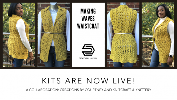 Pre-order Kits from Knitcraft & Knittery for the Making Waves Waistcoat crochet pattern by Creations By Courtney