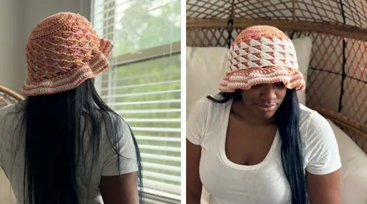 Left image: Seeing the back and side of a peach colored crochet bucket hat with a gently ruffling brim on a Black woman wearing. Right Image: the Black woman is looking downward to the left wearing a peach and white crochet bucket hat with a gently ruffling brim.