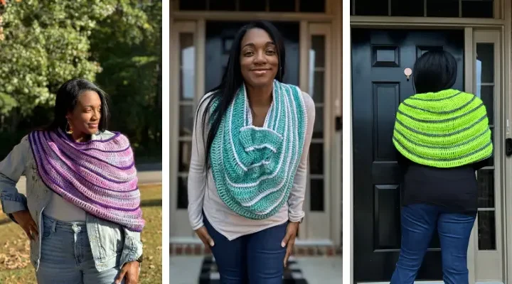 a three grid image of a crochet cowl in three different 2-color combinations worn by a Black woman.