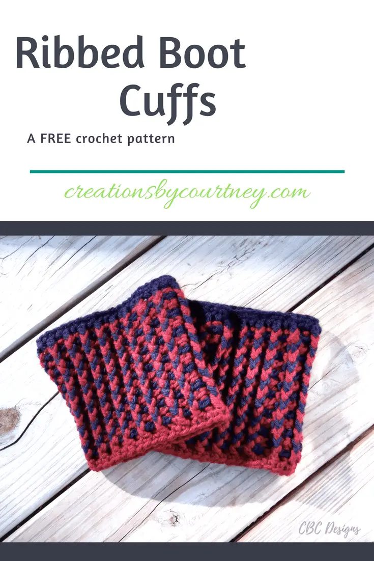 Ribbed Boot Cuffs crochet pattern: a free pattern that is made with front and backpost crochet stitches. It works up quickly, and looks great in one color or two. Grab a small amount of worsted weight, and get started today.