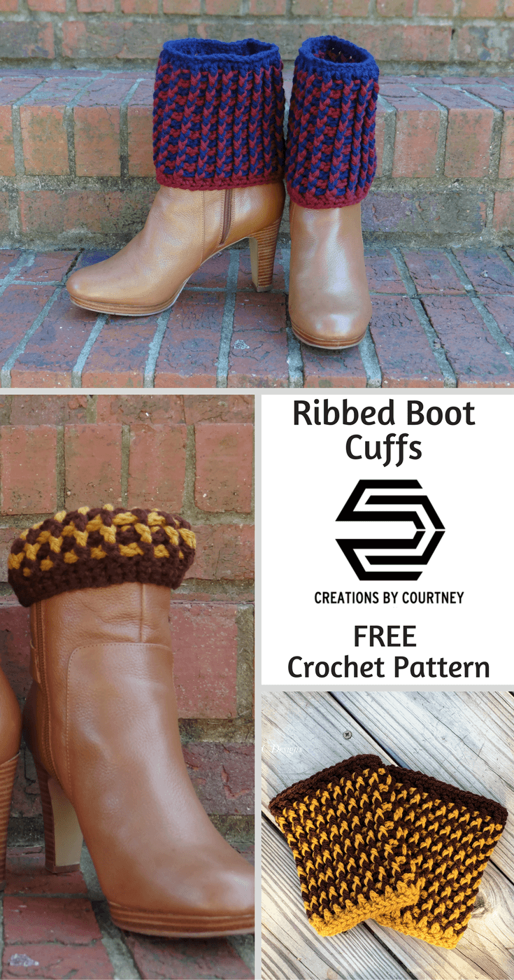 Ribbed Boot Cuffs crochet pattern: a free pattern that is made with front and backpost crochet stitches. It works up quickly, and looks great in one color or two. Grab a small amount of worsted weight, and get started today.