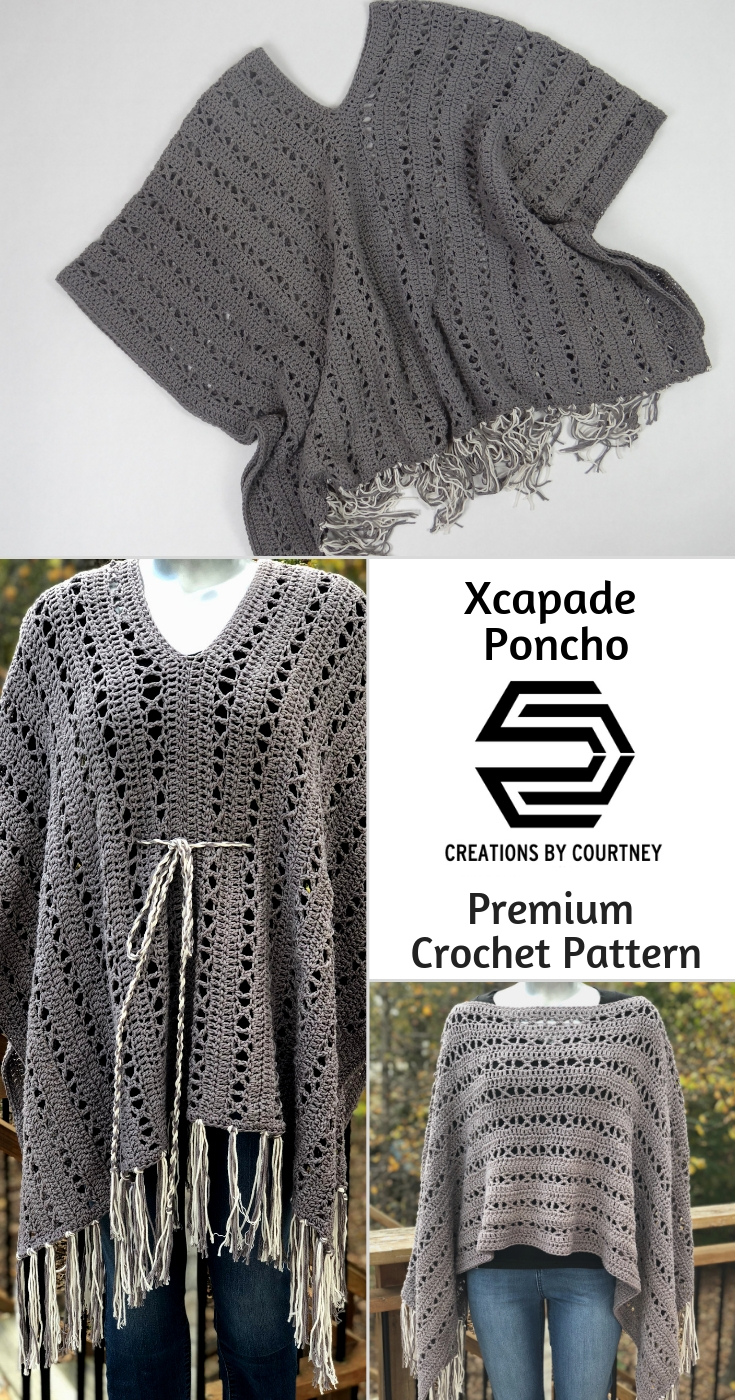 The X-capade Poncho is an intermediate crochet pattern using worsted weight yarn. It's a great layering piece to wear year-long over a turtleneck and jeans, or a long spring dress.