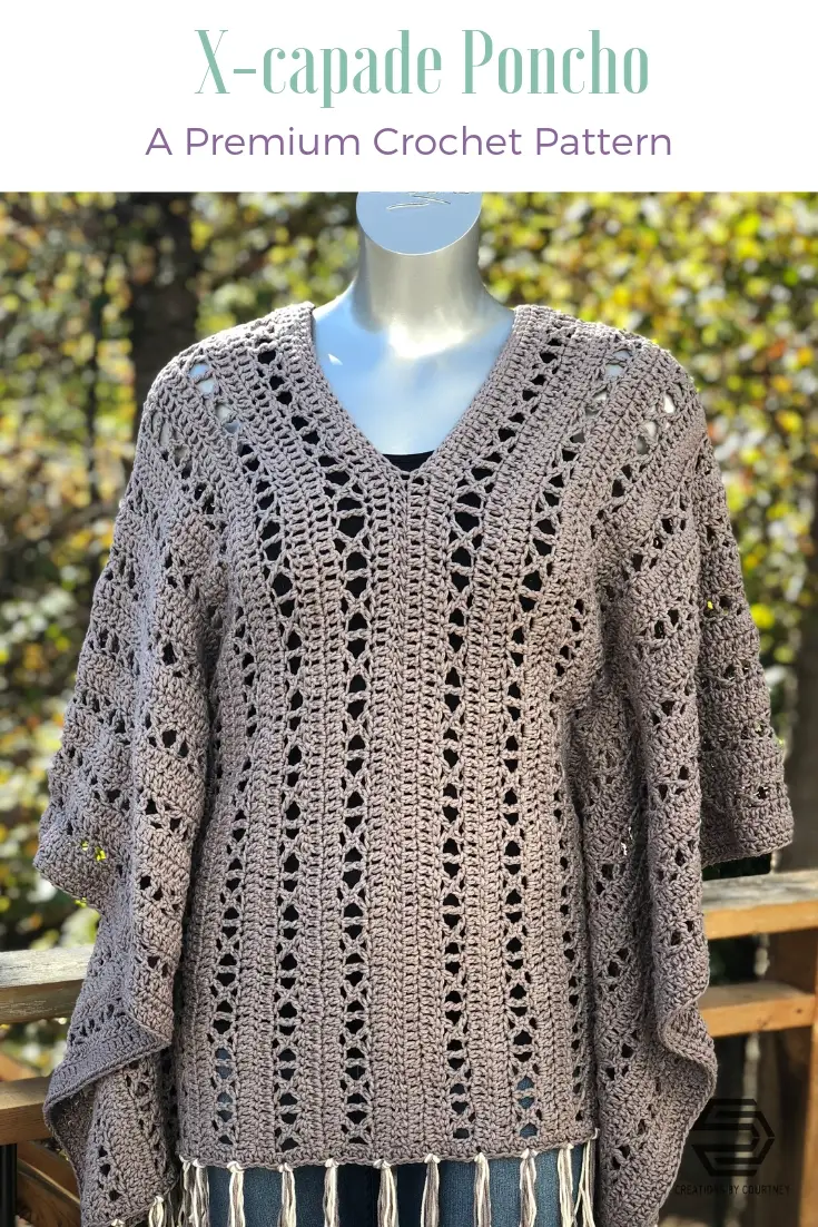 The X-capade Poncho is an intermediate crochet design that offers visual and stitching interest. This design uses worsted weight yarn. It's a great layering piece to wear year-long over a turtleneck and jeans, or a long spring dress.