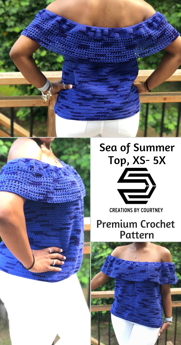 The Sea of Summer Top is an easy crochet pattern using DK weight yarn. Simple shaping to compliment all shapes from XS to 5X.