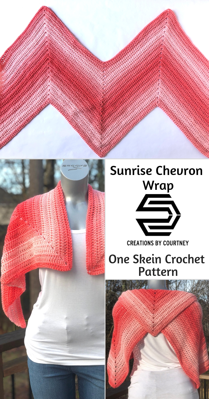 The Sunrise Chevron Wrap crochet pattern uses only one skein of Red Heart Super Saver Ombre. That's only 482 yards of worsted weight yarn to have a lightweight wrap for cooler temps.