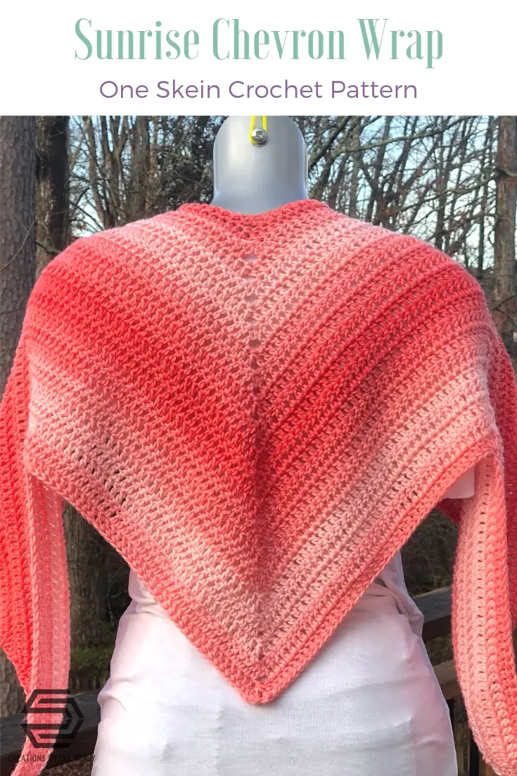 The Sunrise Chevron Wrap crochet pattern uses only one skein of Red Heart Super Saver Ombre. That's only 482 yards of worsted weight yarn to have a lightweight wrap for cooler temps. 