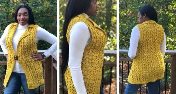 The Making Waves Waistcoat crochet pattern is size inclusive with instructions to make Small through 5X-Large. Learn how to save 10-15% on the exclusive kit by Knitcraft and Knittery