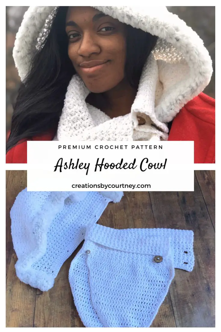 The Ashley Hooded Cowl crochet pattern offers texture with the half double crochet cluster, and softness with Go for Faux Thick & Quick. The hood is detachable so you can adjust warmth and style as needed. #crochetpattern #crochetaccessory #CreationsByCourtney