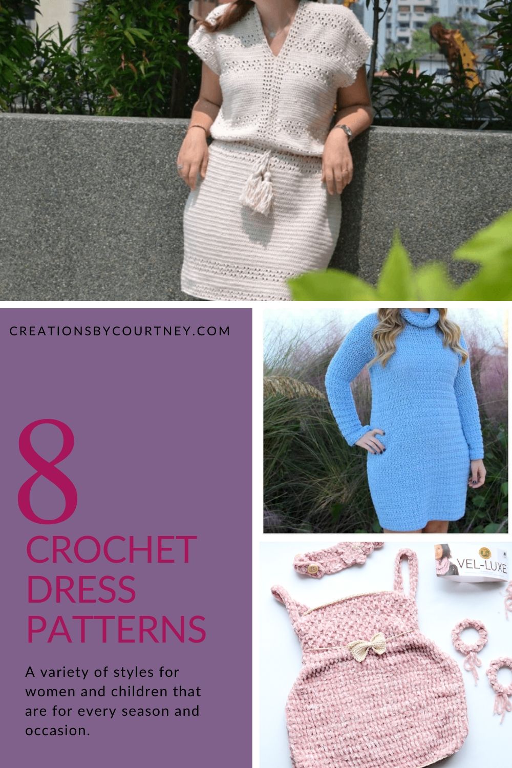 Check out this collection of crochet dress patterns to fit every size and style. From lacy details to tunic styles for cooler weather, and even a tunisian dress for babies. #crochetpatternroundup #crochetpatterns #crochetgarment #crochetdress