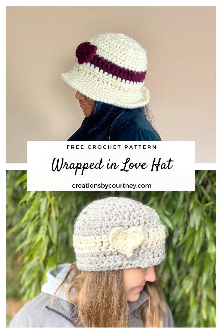 Stylishly show your love for crochet with the Wrapped in Love Hat. This free crochet pattern offers two styles of hat, a bowl and a beanie, made with a super bulky yarn. Also learn how to make a floating heart in steps without having to attach an appliqué. #creationsbycourtney #crochethat
