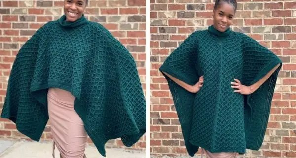 Two different views of a hunter green crochet poncho that has diamond shaped stitches.