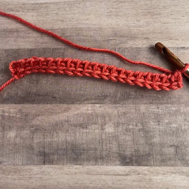 A row of tunisian simple stitch in a sunrise color of yarn.