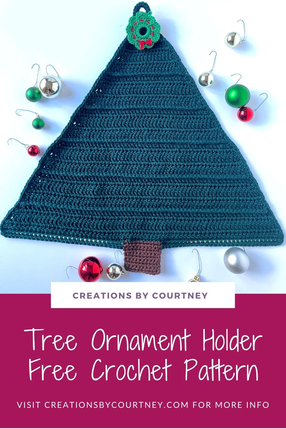The Tree Ornament Holder is a quick, free crochet pattern perfect for stash busting and decorating for the holidays. Grab two strands of worsted weight or a bulky weight to make this crochet pattern in 3-5 days. #creationsbycourtney