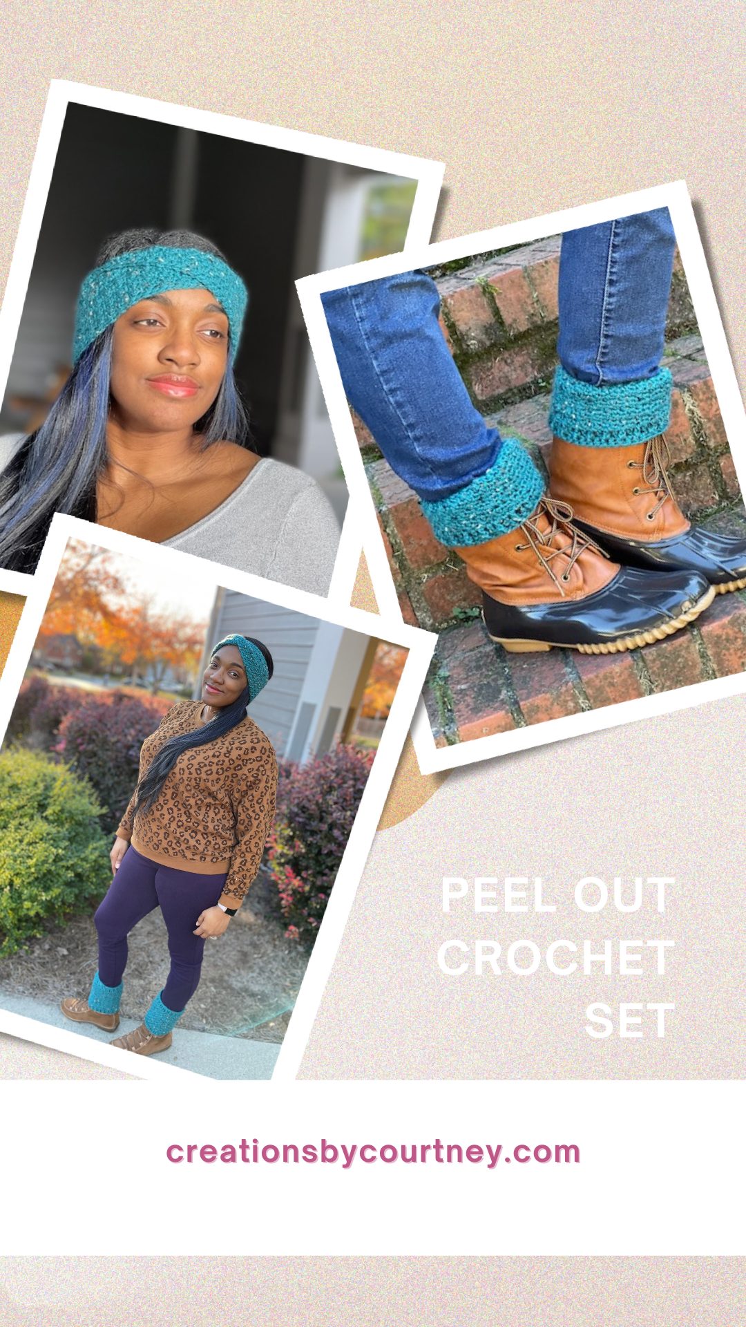 The Peel Out Crochet Set is a crochet pattern for boot cuffs and a twisted ear warmer made with worsted weight yarn. 