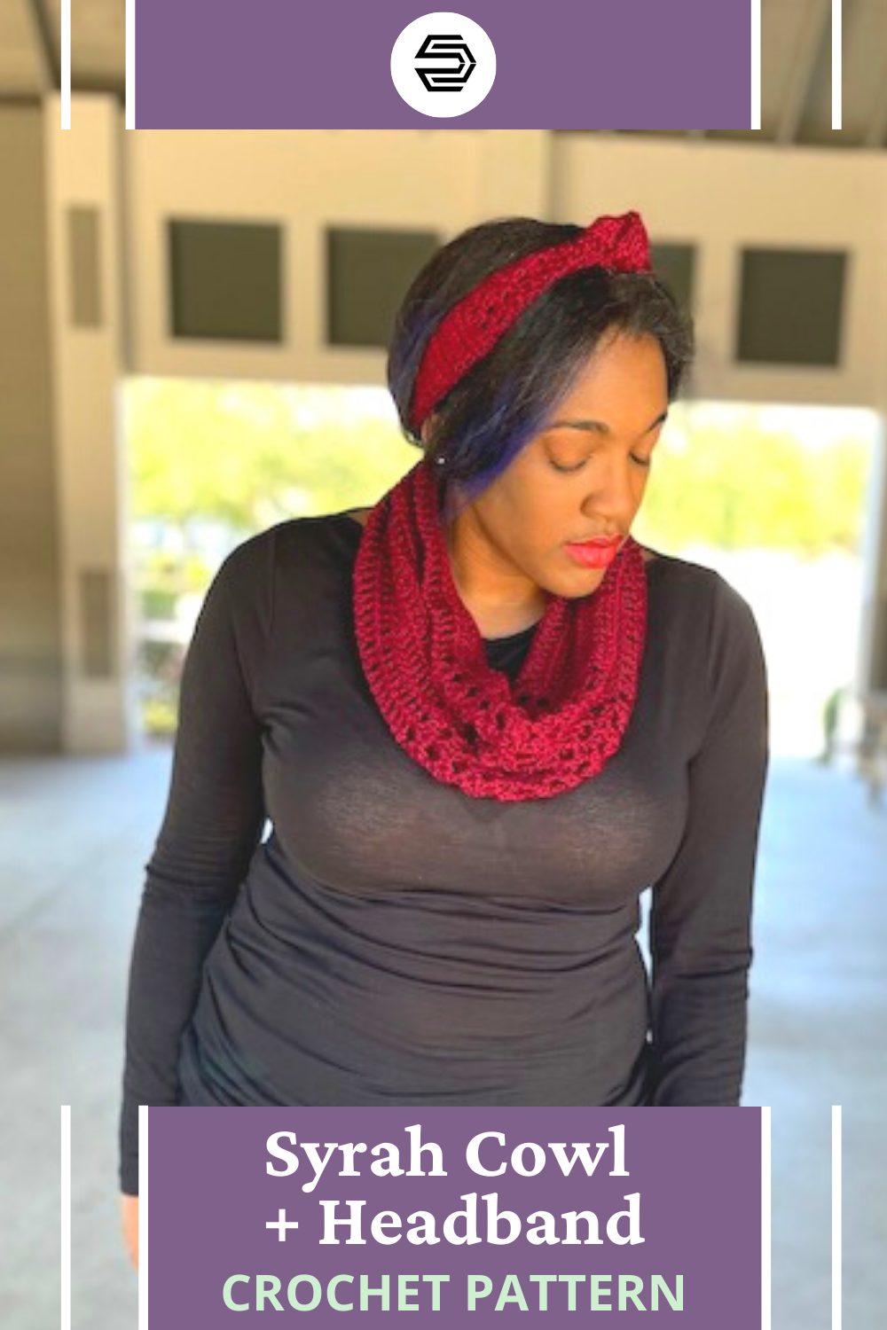 The Syrah Cowl and Knotted Headband crochet pattern is a fun make with a DK weight yarn. The lace section created by x-stitches add to the drape and style, where the knotted headband is a classic look with any hair style. Enjoy this free crochet pattern. #creationsbycourtney #bipocdesigner