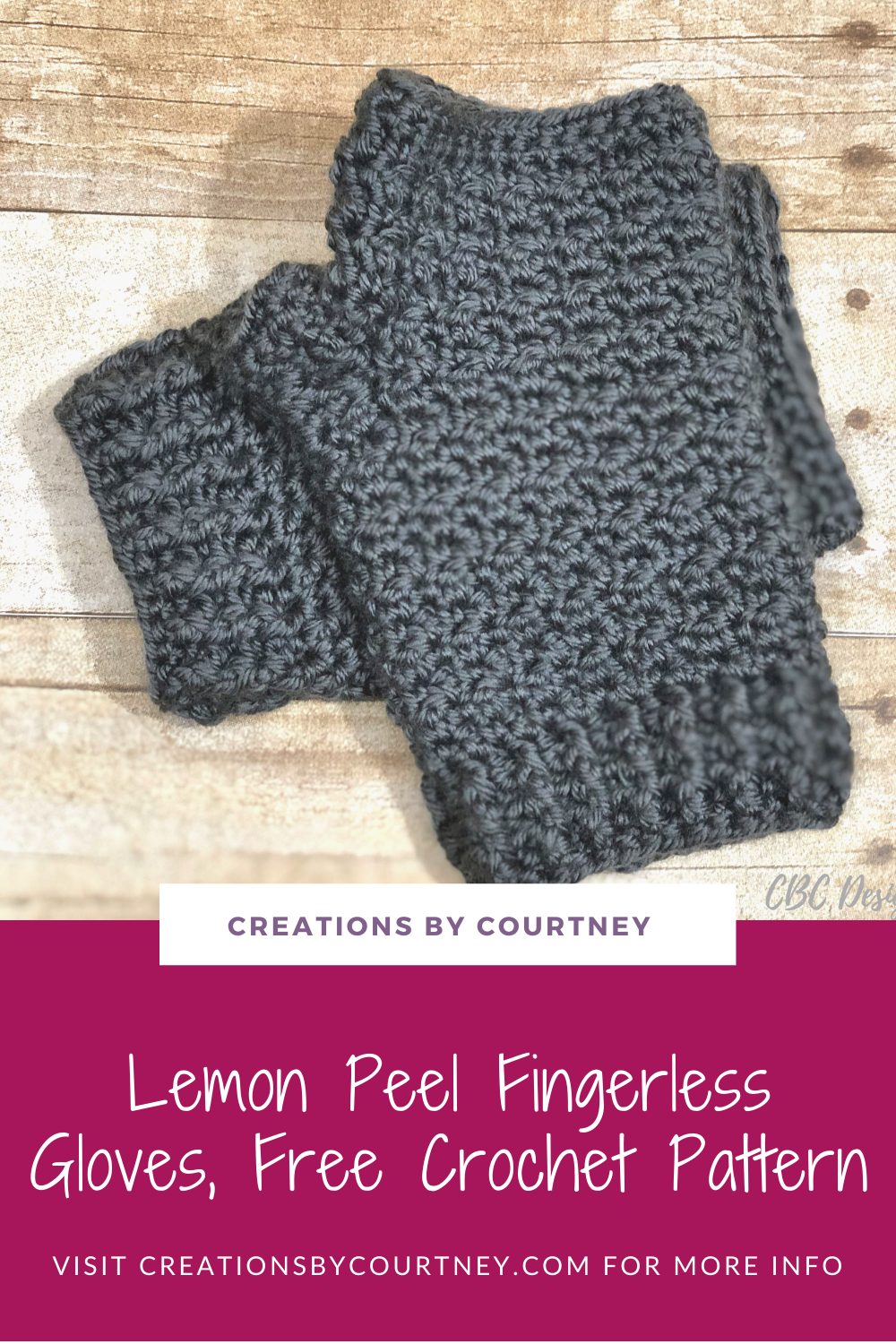 The Lemon Peel Fingerless Gloves crochet pattern is great for stash busting. This pattern is easy to adjust to fit your hand, and offers two options for making the thumb hole. Enjoy making this free crochet pattern! #creationsbycourtney #freecrochet #crochetgloves