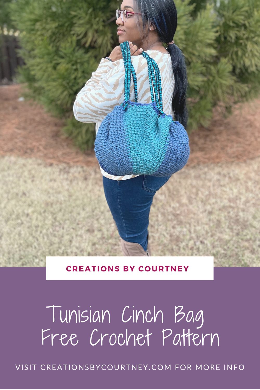 The Tunisian Cinch Bag is a free crochet pattern made with super bulky yarn and a 9mm tunisian crochet hook. This bag is made from a circle that can be cinched for carrying yarn, toys or anything when you're on the go.