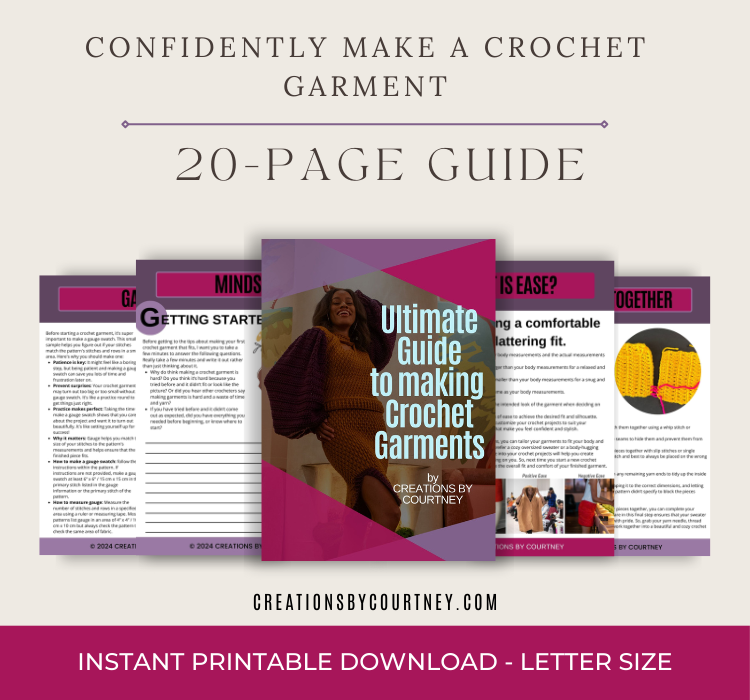 A graphic showing the cover and four other pages from a digital guide titled "Confidently Make a Crochet Garment." Along the bottom in a burgundy box, "instant printable download - letter size" in white font.