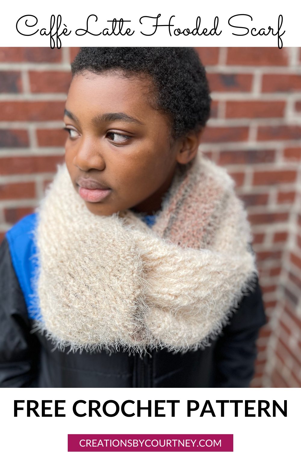 An image of a male child wearing a crochet scarf. The crochet scarf has texture created from post stitches and made in a yarn with multiple natural colors and a fuzzy, soft halo.