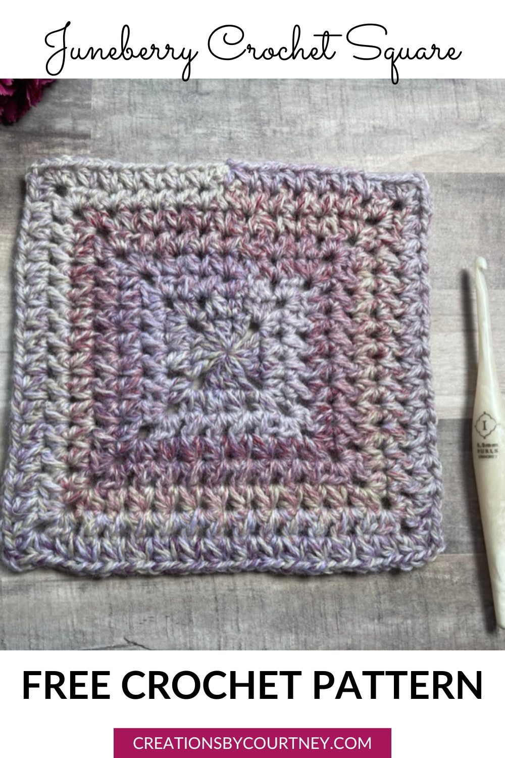 An image of a crochet square made in a color changing yarn of shades of purple and gray. The crochet square is made of a cluster stitch.