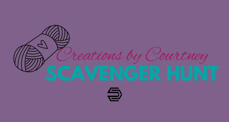 An image of a yarn skein with a heart on its wrapper leaning against the C of Creations by Courtney. The image is a purple background with lettering in burgundy and mint green, and the Creations by Courtney logo