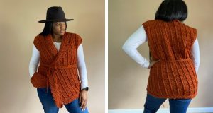 Two images of a woman wearing a dark orange crochet vest. The crochet vest features leaning front post stitches. It is closed with a handmade belt.