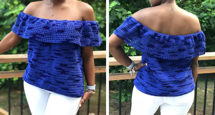 An image of a Black woman wearing an off-the-shoulder crochet top made with a blue yarn. The top is loose at the hips and has a lacy ruffle around the shoulders.