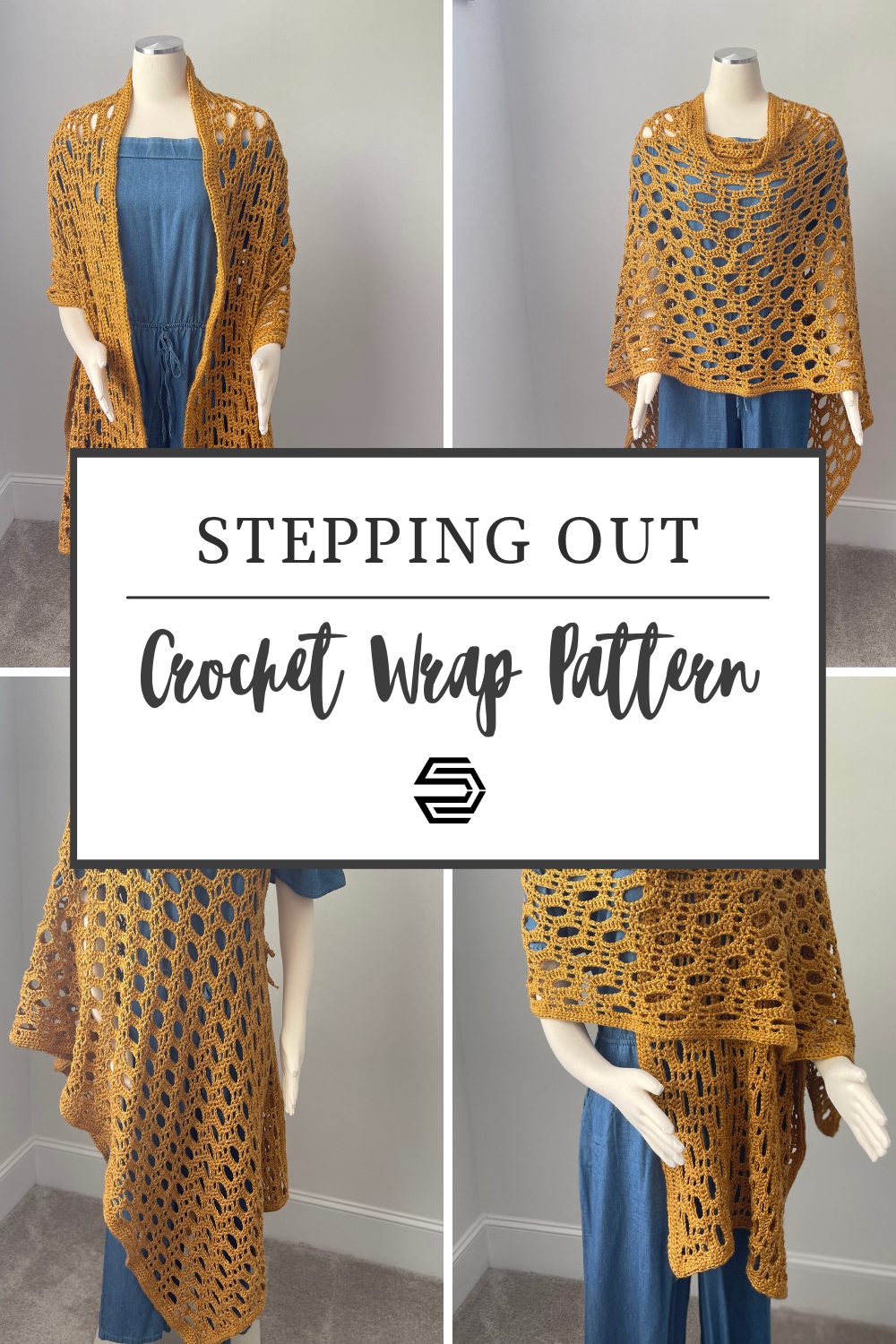 An image with a four grid of the Stepping Out Crochet Wrap. One image displays the crochet wrap draped across the shoulders and arms of a mannequin. The second image shows the crochet wrap with the length at the front and each end at the back. The third image shows the crochet wrap draped on one shoulder and tied underneath the arm. The fourth image shows the crochet wrap like a wide scarf around the neck.