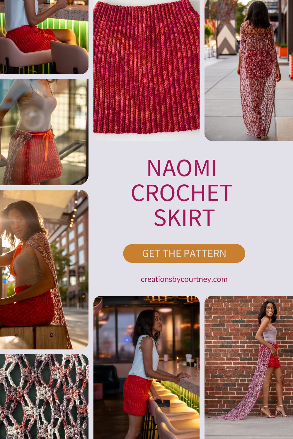 A collage of images of the Naomi Crochet Skirt being worn by an African American woman. 

From top right to left, down than bottom to the right: The woman is wearing crochet train at the shoulder and walking away; a close up of the crochet skirt; the woman sitting at a bar in the crochet skirt and a blouse; the woman walking up stairs in the crochet skirt and train with a tank; the woman sitting with the sun shining behind her wearing the skirt and train as a cape; a close up of the crochet lace stitch of the train; the woman ordering at a bar; the woman standing in front of a brick wall in the crochet skirt and the train is stretched behind her.