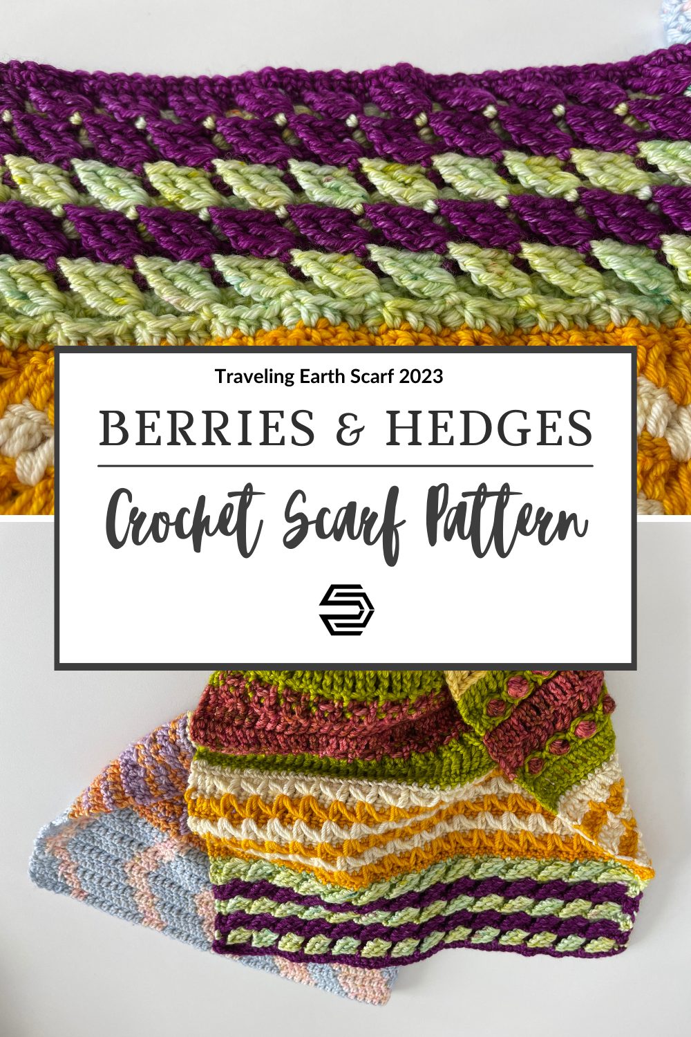 A close up image of the Berries & Hedges Crochet Scarf section made of purple and light green yarn. The crochet scarf has stitches that lean to the left in a group of three.
