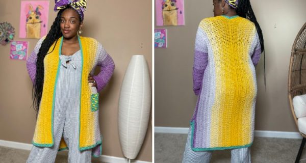 Image is made of two pictures of a woman wearing a handmade crochet cardigan. The cardigan is yellow and fades to shades of purple towards the arms. The crochet cardigan has a turquoise trim around the front and on a single pocket on the left side.