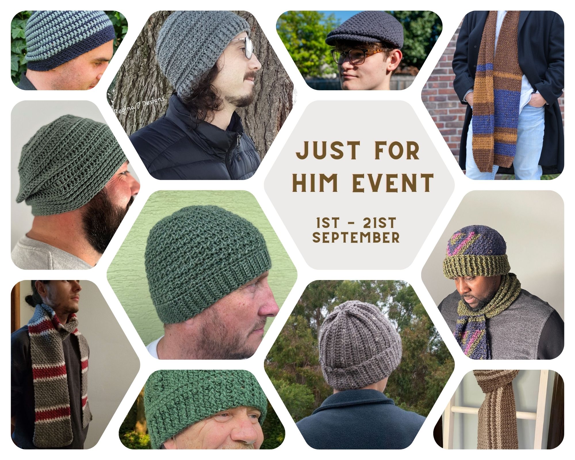 A picture collage for the Just for him Event featuring crochet hat for men and crochet scarves.