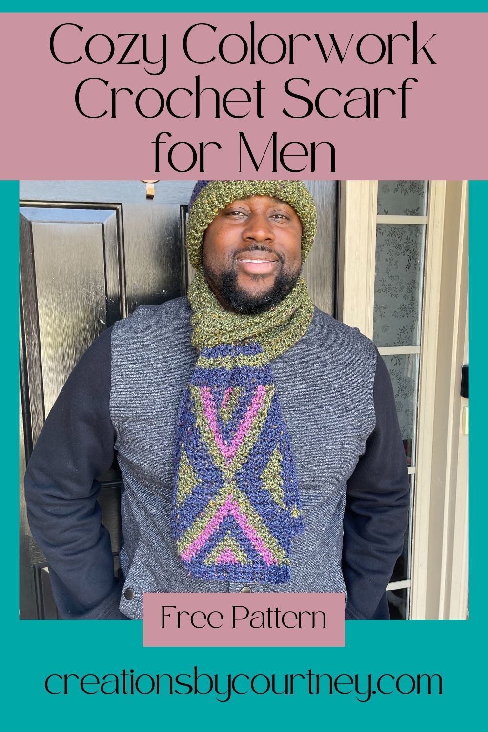 A Pinterest Pin featuring an African American man with a dimple in the left cheek. He is wearing a crochet hat with a green brim that is folded up and a crochet scarf made with green, navy and fuchsia yarn in a textured stitch. The three colors alternate to create standing and inverted triangles at each end of the crochet scarf.