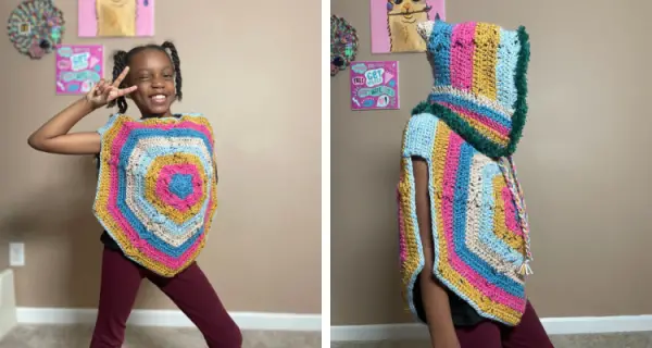 Create a colorful pentagon crochet poncho with a matching hood in 5 colors of worsted weight yarn.