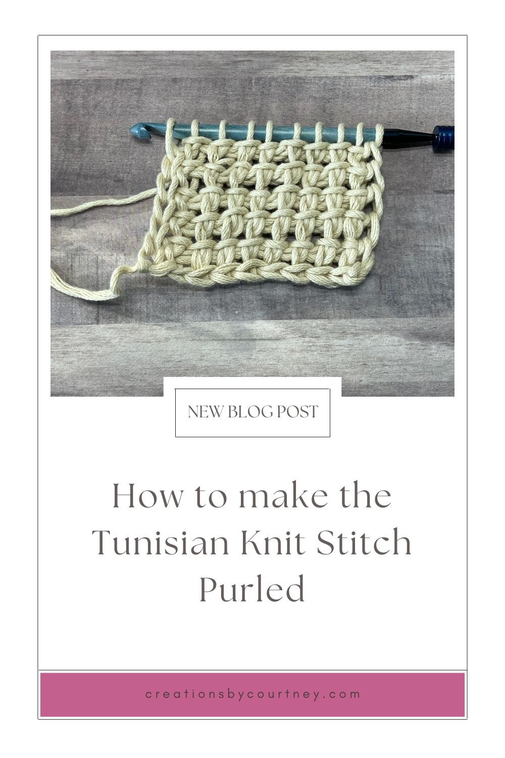 A pin for a crochet tutorial to make the tunisian knit stitch purled, which a a combination of the tunisian knit stitch and tunisian purl stitch.