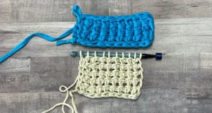 An image of two tunisian crochet swatches. At the top is a blue swatch made of chunky t-shirt yarn showing the tunisian knit stitch purled and the lower swatch is made with a chunky cream colored cotton yarn, also showing the tunisian knit stitch purled.