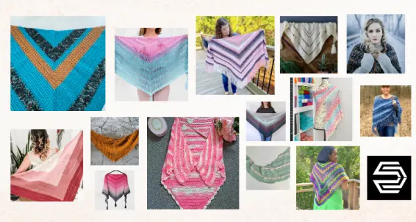 Triangle Crochet Shawl Roundup featuring 14 shawls of various colors and textures.