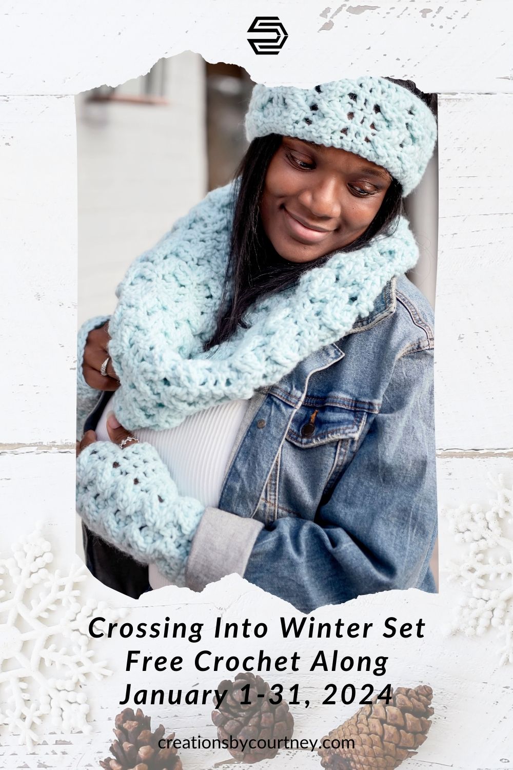 Join the free crochet along for the Crossing into Winter Set, which includes a crochet cowl, ear warmers and fingerless mitts for childcare, teens and adults.