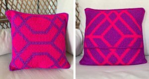Shuri Tunisian Crochet Pillow made in tunisian simple stitch with two colors of worsted weight yarn for a fun geometric design.