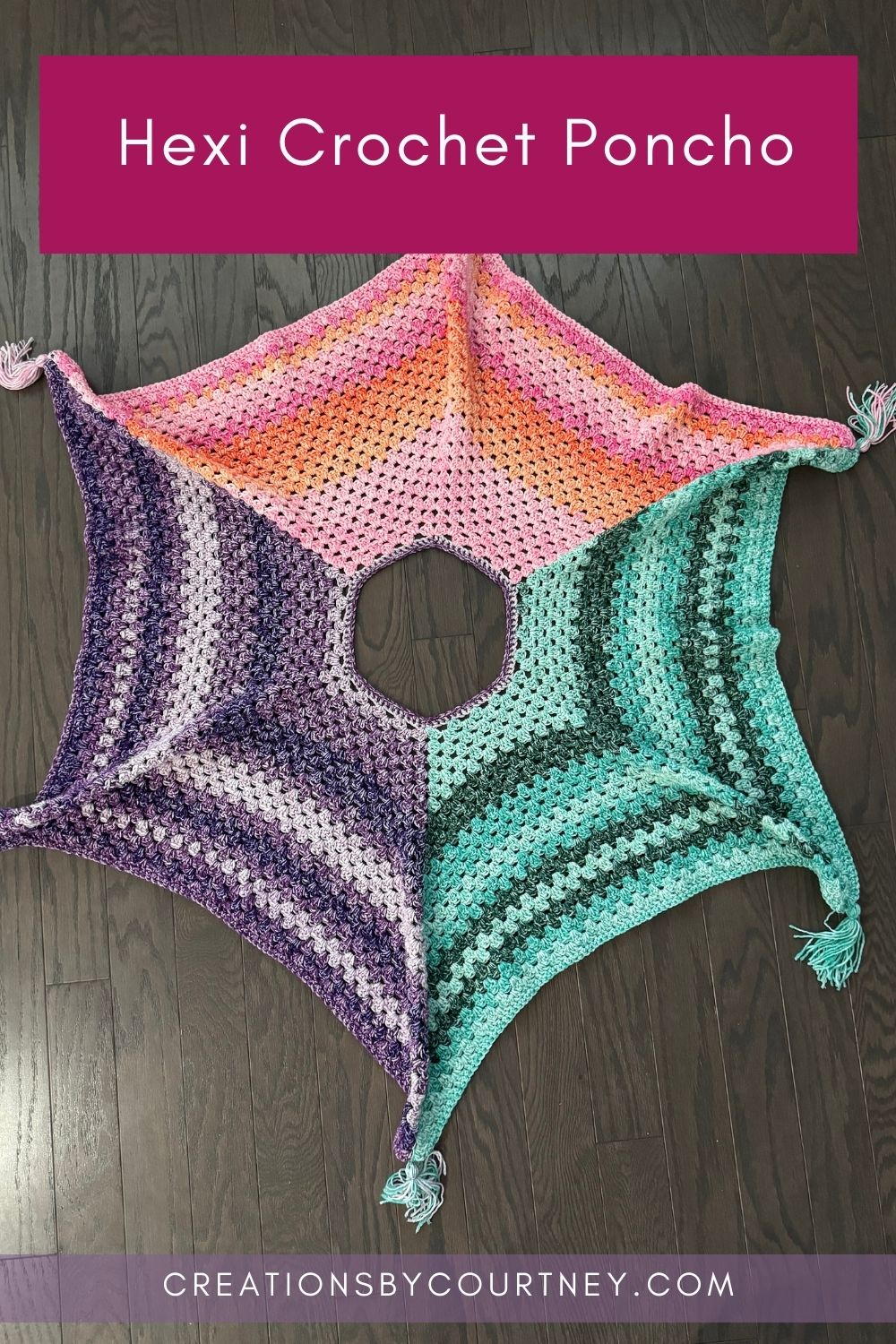 An image of a crochet hexagon made of three colors with tassels at each point. Each color covers one third of the crochet poncho. It's a great layer for spring or fall.