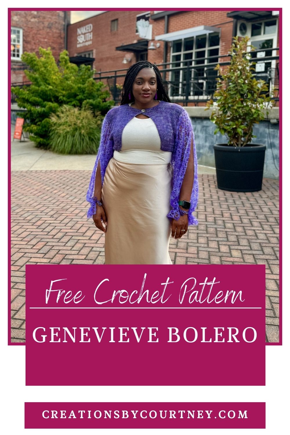 A pin with an image of an African American woman wearing a purplish crochet bolero. This easy crochet bolero pattern is size-inclusive and requires just three stitches and less than 3 skeins of yarn.