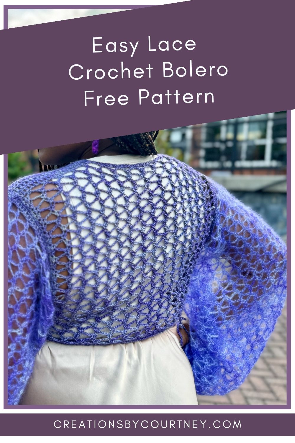 An image of the back of an easy crochet bolero made in a fingering and lace yarn. The sleeves are oversized and open on the top. This easy crochet bolero pattern is size-inclusive and requires just three stitches and less than 3 skeins of yarn.