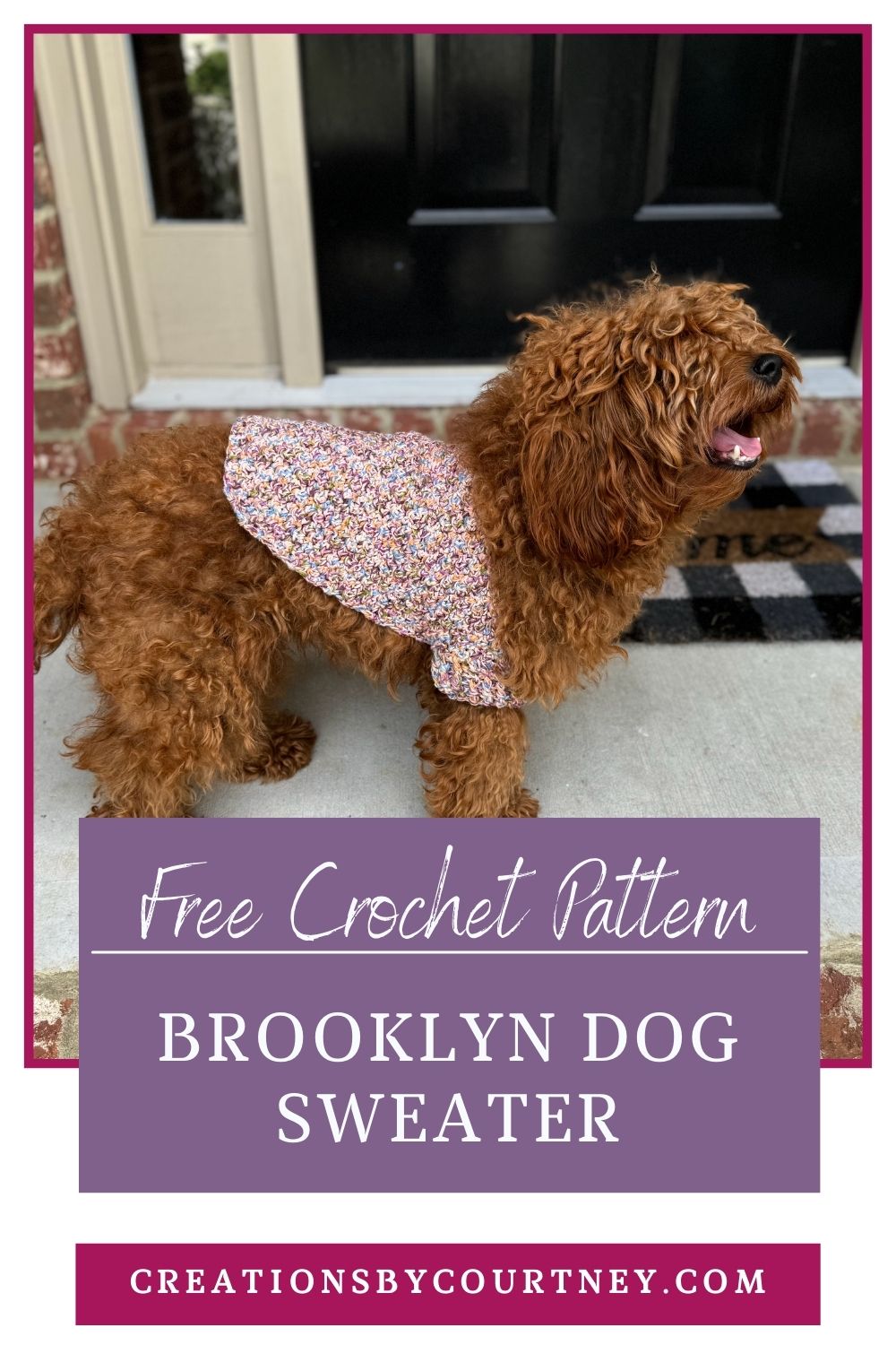 A red Cavapoo dog facing the right is wearing a crochet dog sweater made of cotton and polyester variegated yarn. The dog sweater has a cuff for the leg made of crochet ribbing and it decreases along the side towards the tail.