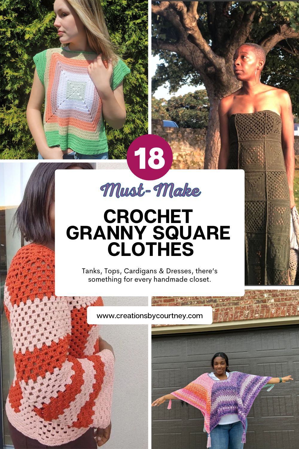 A four picture collage of a crochet granny square top, granny square dress, granny stitch long sleeve sweater, and a hexagon poncho made with the granny stitch.