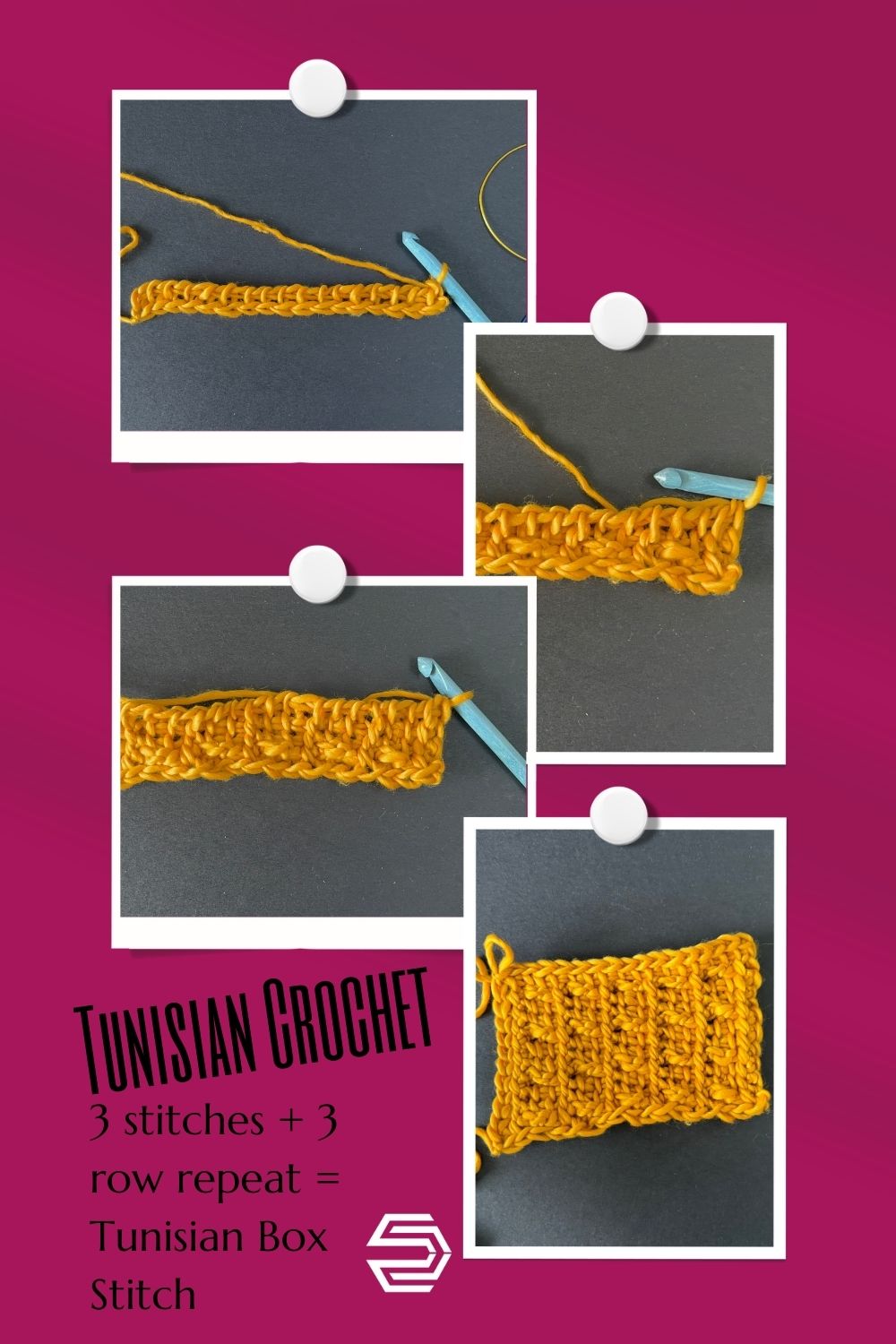 A pin image with 4 frames that looks like polaroid pictures showing different steps of a tunisian crochet tutorial made with bulky yellow yarn and a blue tunisian crochet hook.