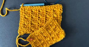 An image of two crochet swatches made from yellow chunky yarn with a blue Tunisian crochet hook. The tunisian crochet swatch features raised stitches that form a box.