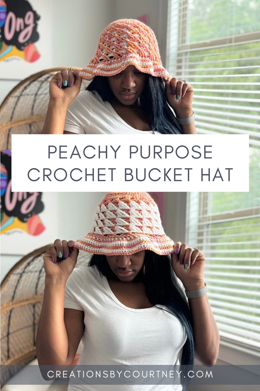 A pin image with the top half showing a peach crochet bucket hat on a Black woman holding the ruffle brim in each hand and looking downward. The lower image shows the same crochet bucket hat reversed showing white cluster stitches for the side while being worn by the Black woman as she holds the brim with both hands.