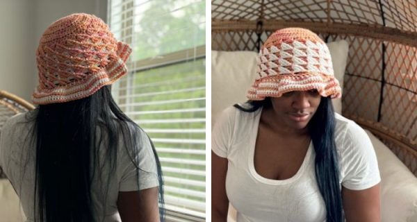 Left image: Seeing the back and side of a peach colored crochet bucket hat with a gently ruffling brim on a Black woman wearing. Right Image: the Black woman is looking downward to the left wearing a peach and white crochet bucket hat with a gently ruffling brim.