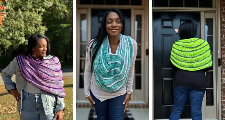 a three grid image of a crochet cowl in three different 2-color combinations worn by a Black woman.